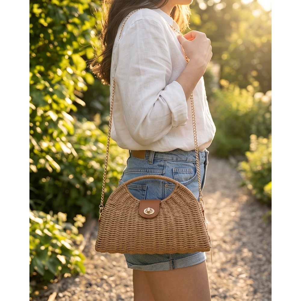 Woven Straw Crossbody Bag Tan Gold Chain Strap Turn Lock Summer Beach Clutch